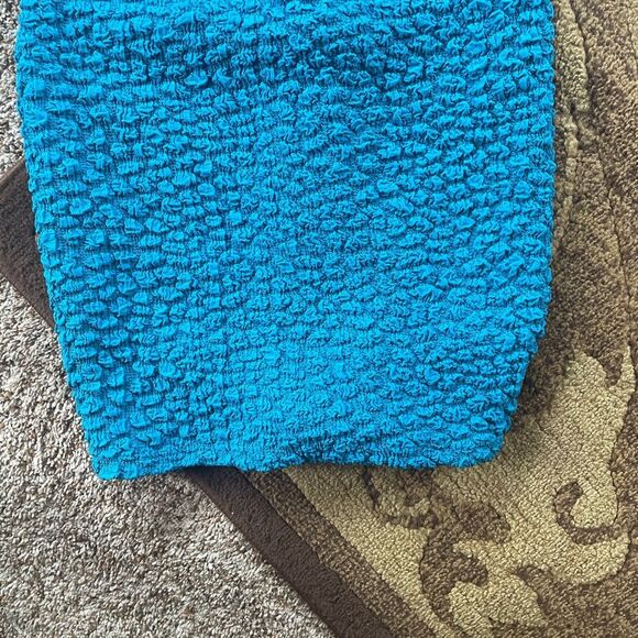 Anthropologie sinched Teal Textured Sleeveless Mini Dress tight at the bottom - Picture 6 of 12